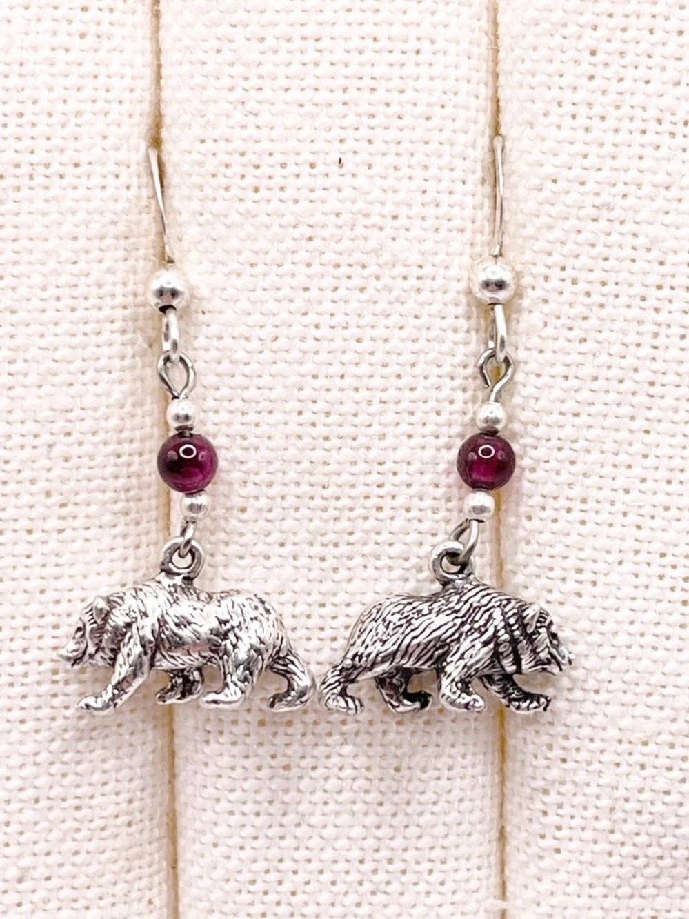 Sterling Silver Bear Dangle Earrings with Deep Pink Beads